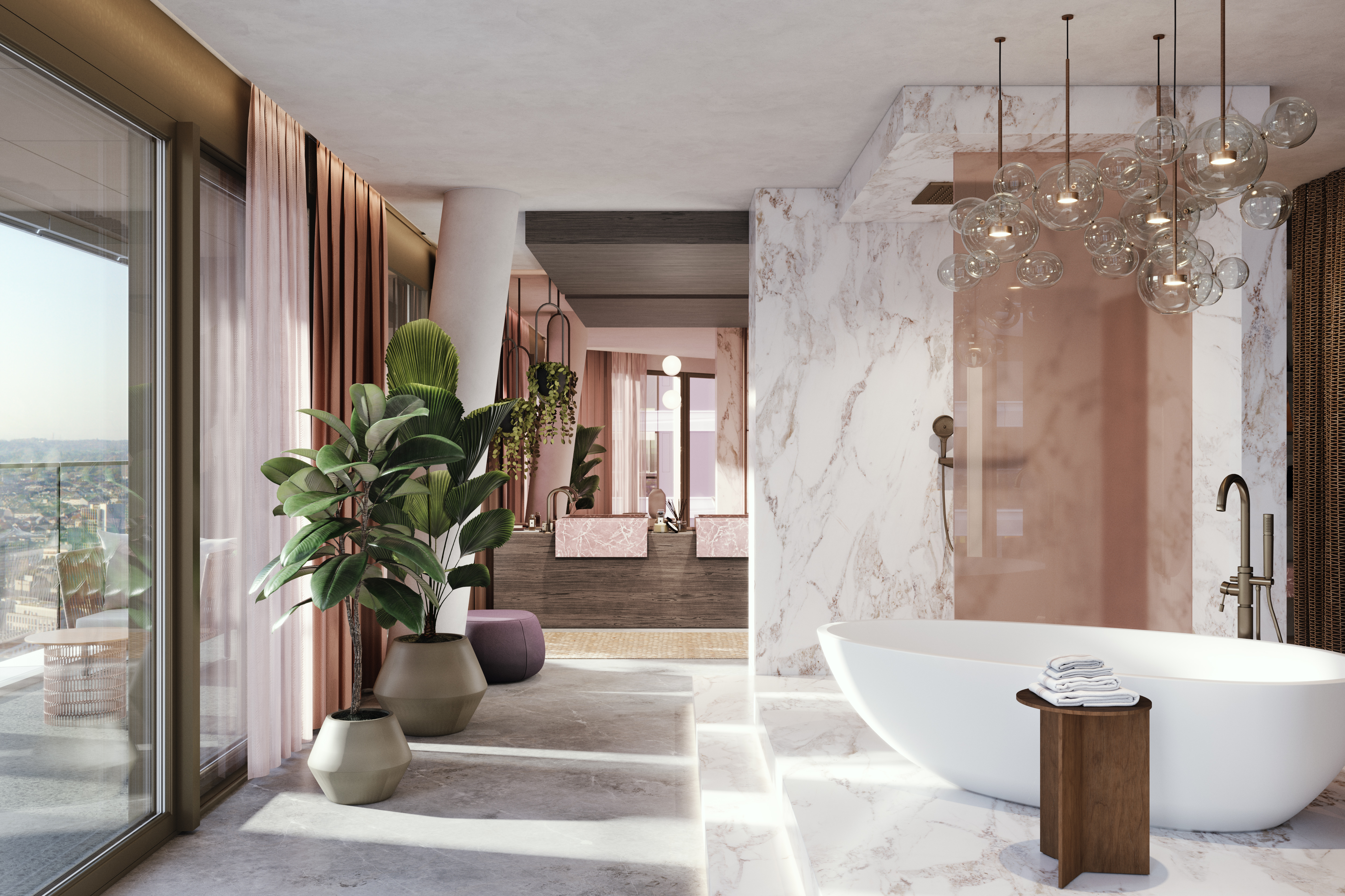 Sunlit bathroom with marble floor at FOUR